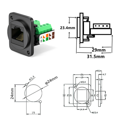 RJ45 Network Ethernet Socket  D Type Module RJ45 Female Adapter to 8-pin Connector for 86 Panel Mount