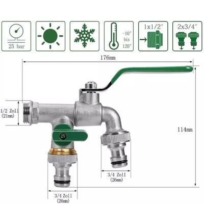 Garden Hose Faucet Water Tap Brass Ball Valve Outdoor Yard Bibcock Double Outlets