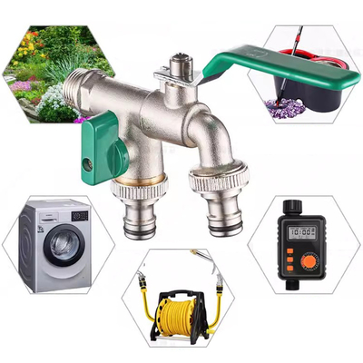 Garden Hose Faucet Water Tap Brass Ball Valve Outdoor Yard Bibcock Double Outlets