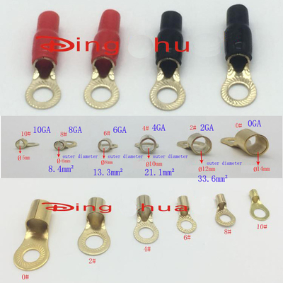 Audio Crimp Ring Terminal Gold Plated 0GA/ 2GA /4GA /6GA /8GA / 10GA