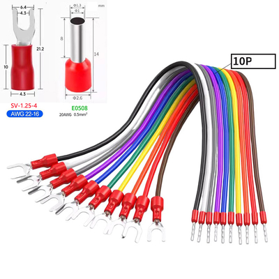 10Pin 20AWG 0.5mm² Jumper Wire Fork Ferrules terminals Connecting Cable 5 Amps Curent 20cm 30cm 50cm 100cm