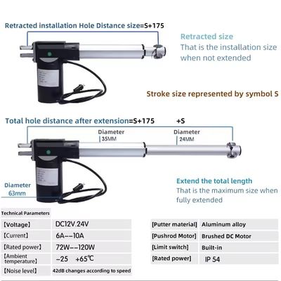 24V 6000N Linear Actuator 200mm 300mm 400mm 500mm Stroke Electric Linear Motor Telescopic Rod