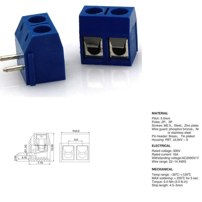 5.00mm Pitch PCB Mounted Screw Terminal Blocks Right Angle 2P to 20P Blue