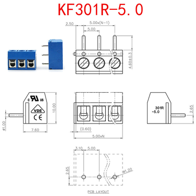 5.00mm Pitch PCB Mounted Screw Terminal Blocks Right Angle 2P to 20P Blue