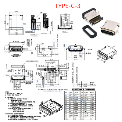 24P USB 3.1 Type C Receptacle 24-pin Fast Charging Port Female Socket Jack PCB Connector