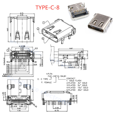 24P USB 3.1 Type C Receptacle 24-pin Fast Charging Port Female Socket Jack PCB Connector