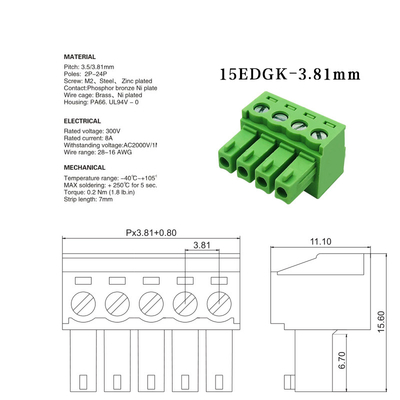 3.81mm Pitch Dual Row PCB Pluggable Screw Terminal Blocks Plug + Angle Pin Header