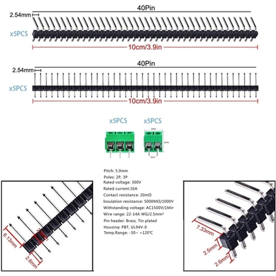 Dual Side Prototype PCB Board Kit 5.0mm Screw Terminal blocks 2.54mm Pin header Strip 40pcs