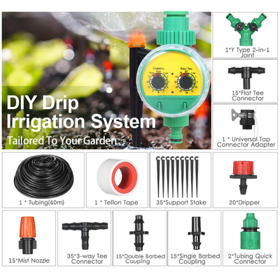 30 40 Meters Water Drip Irrigation Kit Greenhouse Automatic Watering System Timer Dripper Hose Sprinkler Set